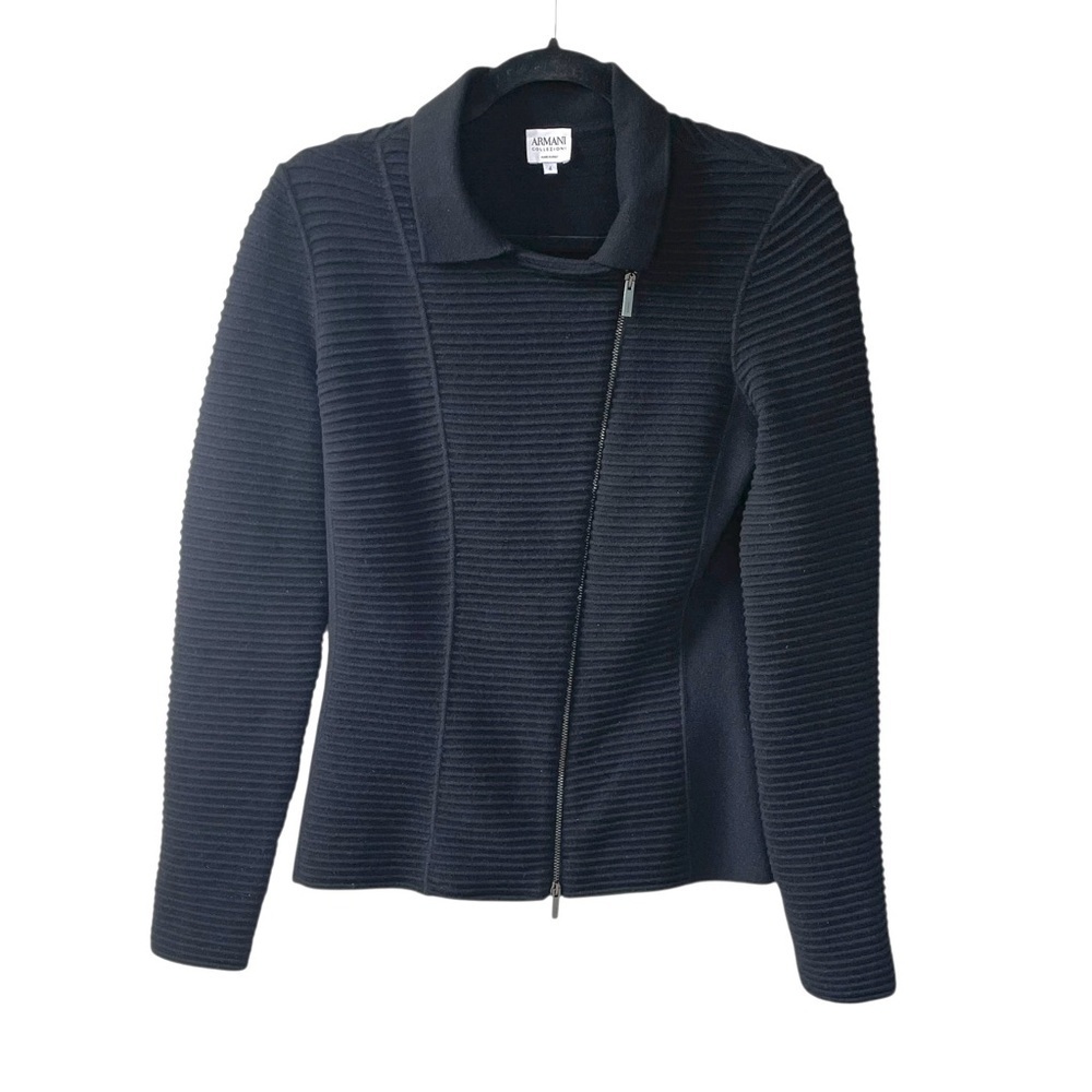 GIORGIO ARMANI Collezioni Wool Asymmetrical Zip Cardigan Sweater Jacket Black 4